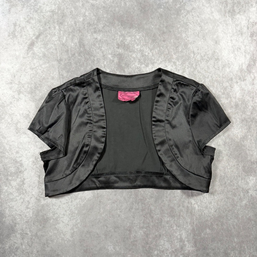 Pompous Girl Black Satin Cropped Bolero Shrug Cap Sleeve Size 13 Y2K Coquette